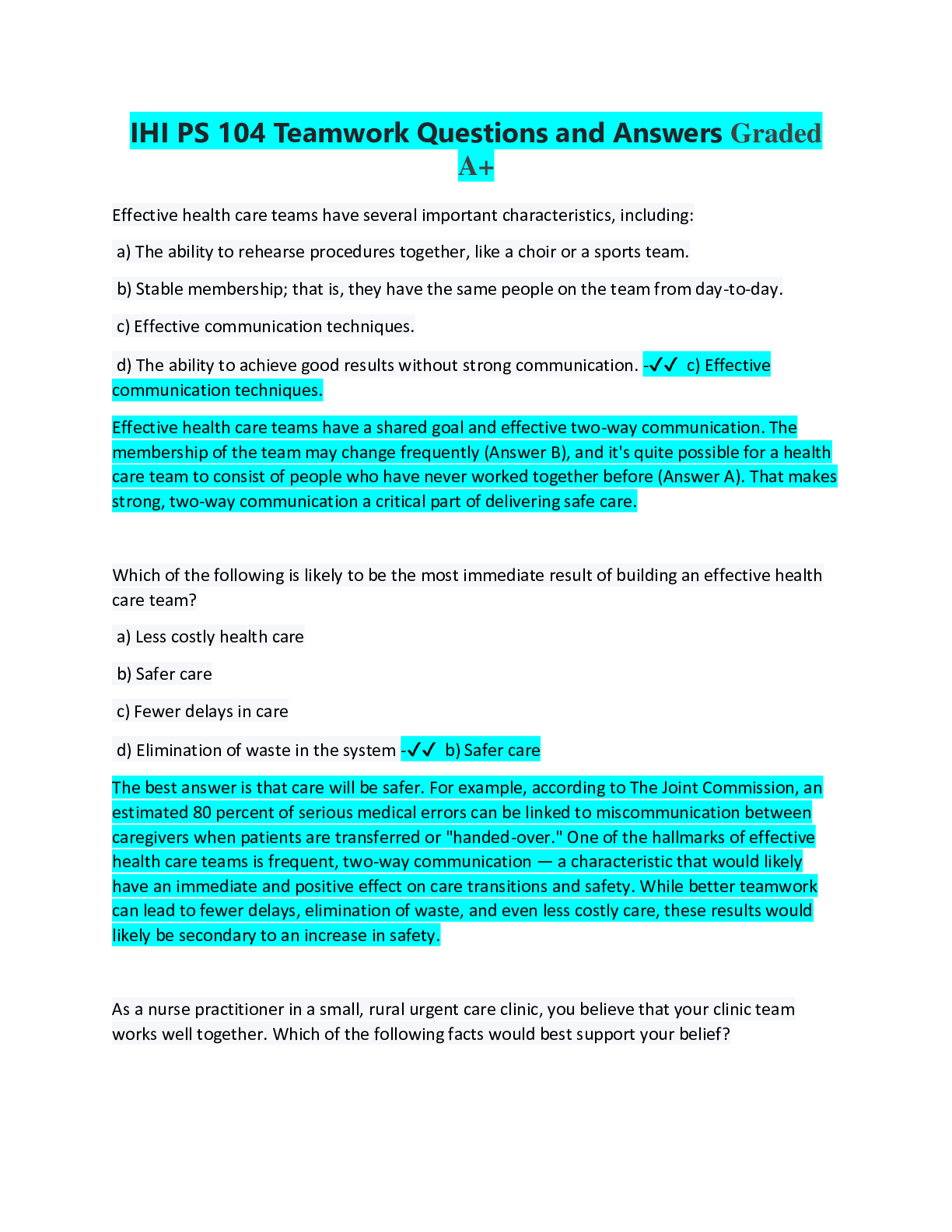 Preview of IHI PS 104 Teamwork Questions and Answers Graded A+
